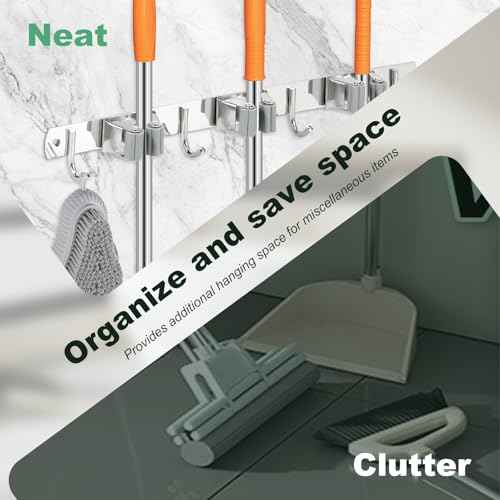 5Pcs 3 Racks 4 Hooks Stainless Steel Broom Mop Holder Anti Slip Wall Mount Broom Storage Rack Strong Load Bearing Waterproof Mop Broom Organizer for Bathroom Kitchen Garage