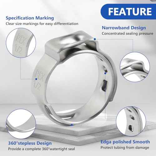 1/2 inch Pex Clamps 250pcs Pex Crimp Rings Single Ear Hose Clamps Stainless Steel Pex Fittings Cinch Clamp Ring for PEX Pipe Tubing
