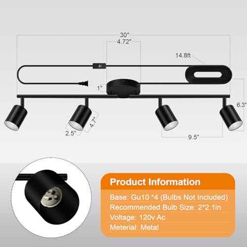 Plug in Track Lighting, LED Track Lighting Fixtures Ceiling, Black 4-Light Kitchen Light Kit, Plug in Wall Light with 14.8ft Power Cord, Rotatable Ceiling Spotlight for Bedroom(GU10 Socket, NO Bulb)
