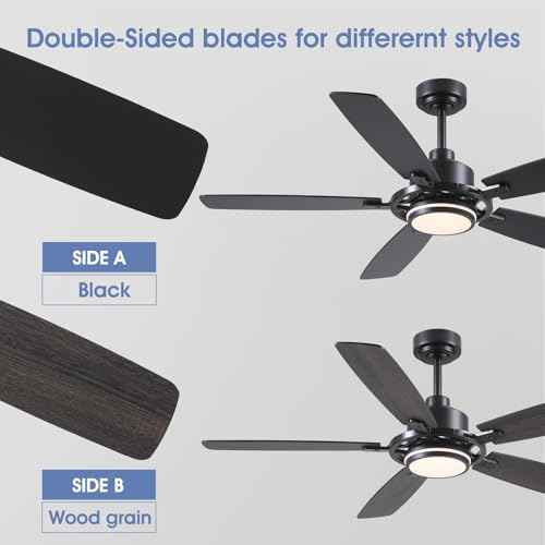54" Black Ceiling Fans with Lights and Remote,Modern Led Ceiling Fans with Quiet DC Motor, Dimmable 6 Speeds Reversible for Living Room Patio Kitchen