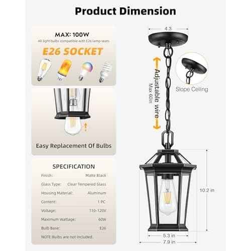 VIANIS Outdoor Pendant Lights, Modern Hanging Outside Lantern, Aluminum Porch Light Ceiling, Black Outdoor Chandelier for Porch with Clear Glass for House Doorway