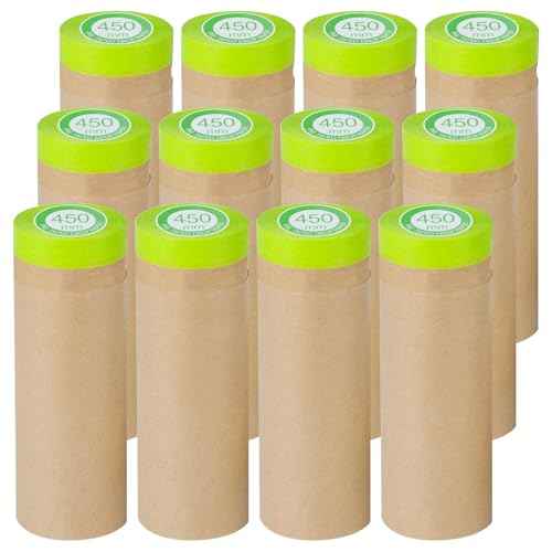 Pre-Taped Masking Paper for Painting - 18 inch x 50 feet Tape and Drape Painters Paper, Paint Adhesive Protective Paper Roll for Covering Skirting, Frames, Cars and Auto Body (12 Rolls)