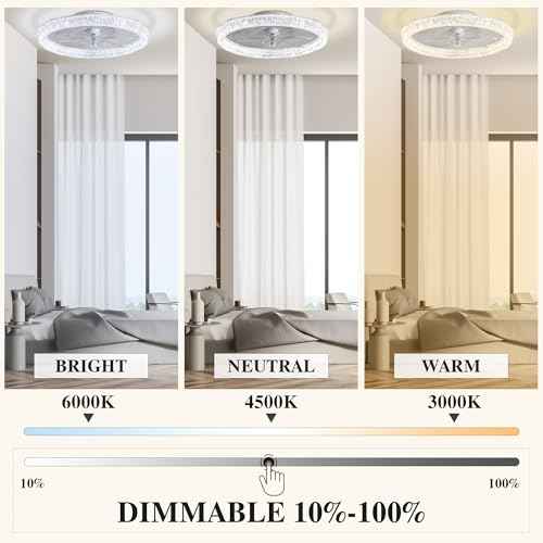 Ceiling Fans with Lights and Remote Fandelier - 20'' Flush Mount Low Profile Modern Ceiling Fans for Bedroom - Stepless Color Temperature and 6 Speeds, White Regular Crystal