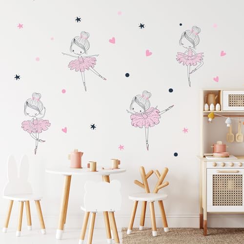4 Cute Ballerina Ballet Dancers Wall Decals for Girls Bedroom Large Removable Wall Stickers for Classroom Pink and Black Wall Murals Peel and Stick Vinyl Kids Room Decor for Living Room Nursery