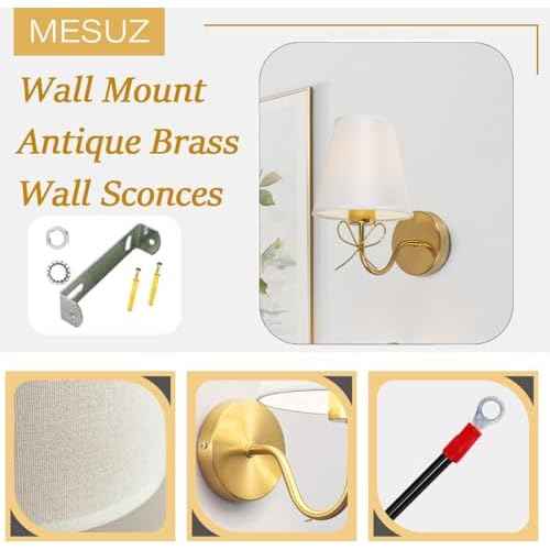Antique Brass Wall Sconces Set of Two, Bow Sconces Decor Gold Wall Lights Brass Brushed Gold Sconce with Fabric Shade, E26 110V Hardwired Wall Lamps for Girl Bedroom, Living Room, Nursery Room