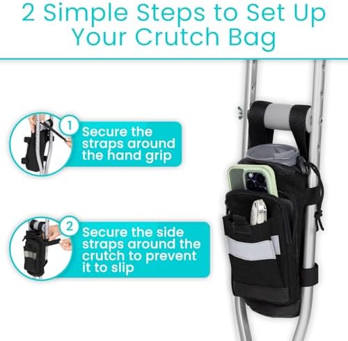 Vive Crutch Accessories Bag - Pouch for Crutches - Accessory Storage Carry Kit for Women, Men, Adults, Kids - Cup and Bottle Pocket Holder with Ergonomic Design (Black)