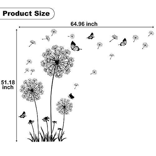 Black Dandelion Wall Stickers Flower Butterflies Flying Wall Decal, Removable Walls Art Stickers for Bedroom Living Room Sofa Backdrop TV Decoration