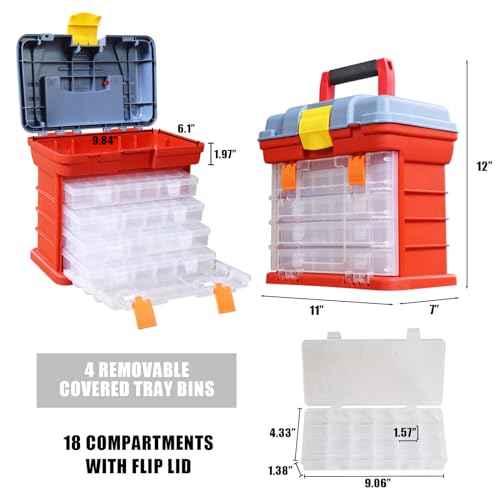 BIG RED AG2154CR Tackle Box Organizer: Portable Storage Tool Box with 4 Drawers and 19 Compartments Each for Hardware, Fish Tackle, Beads and more, Red