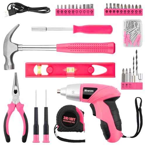 Drill Set, Cordless Drill, Small Tool Kit, 112pc 3.6V USB Tool Set, Tool Kit for Dorm, Cordless & Rechargeable, Pink Home Toolbox for Women, DIY Toolbox