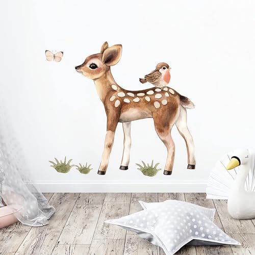 Cute Fawn and Bird Butterfly Deer Wall Stickers, sacinora Cartoon Jungle Animals Wall Decals Removable Vinyl Peel and Stick for Kids Baby Nursery Living Room Bedroom Children's Room Art Decorations