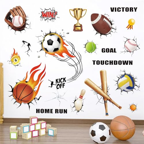wondever Sport Balls Wall Decals 3D Break Through The Wall Peel and Stick Wall Art Stickers for Boys Playroom Bedroom Classroom