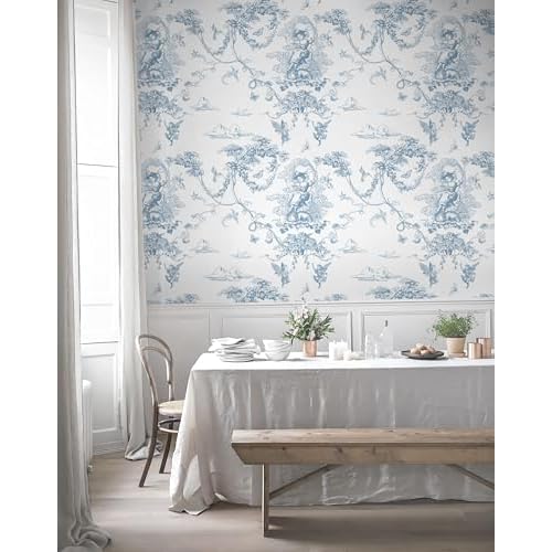 CiCiwind Peel and Stick Wallpaper Blue and White Toile Wallpaper Vintage Removable Waterproof Wall Paper for Bathroom Bedroom Living Room French Contact Paper for Cabinets Vinyl Rolls 17.3"¡¿78.7"