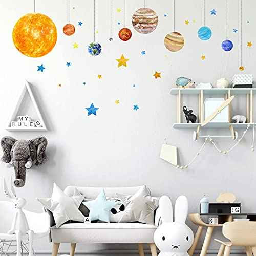 Planets and Space Wall Decals, Removable Solar System Wall Stickers, Cartoon Stars Wall D?cor, Peel and Stick Universe DIY Art Murals Vinyl Wallpaper for Kids Boys Bedroom Nursery Decoration