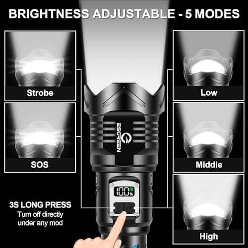 Esgreen Super Bright Rechargeable Flashlights High Brightness 3000 Lumens, Powerful Long Range LED Strong Big Flash Lights, Long Lasting USB C, LCD Digital Display, 5 Modes, Double Switches