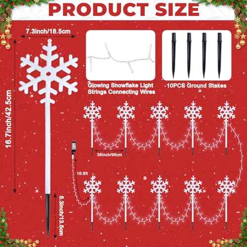 Christmas Snowflake Pathway Lights Outdoor 10 Pack Waterproof Snowflake Light 8 Lighting Modes Xmas Walkway Marker Lights LED Stake Sidewalk Light for Christmas Decorations Outdoor Garden Patio Yard
