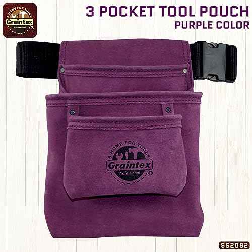 Graintex SS2082 3 Pocket Nail & Tool Pouch Purple Color Suede Leather with 2¡± Webbing Belt for Constructors, Electricians, Plumbers, Handymen