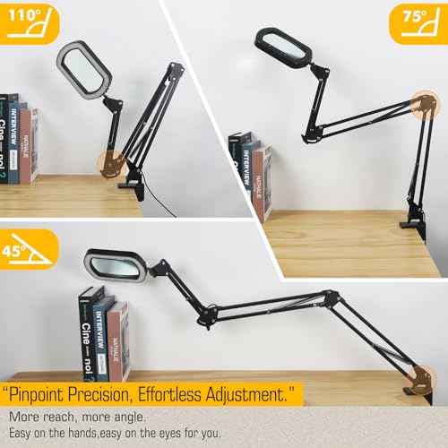 Magnifying Glass with Light Square Magnifier Desk Lamp 10X Close Up Work for Desktop Bench Crafting, Reading, Sewing, Ultra Long Swing Arm 3-Section, 5 Color Modes Design Rectangle Head Controller