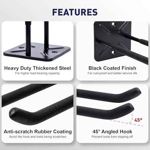 SMART JERRY - 4 Pack Heavy Duty Garage Hooks, Wall Mounted Tool Hangers for Ladders, Bicycles, Car Tires, Garden Tools, Chairs, Garage Storage Organization, 60 LB Max Load Each Hook