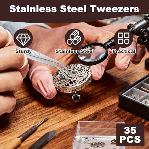 35 Pcs Stainless Steel Tweezers with Curved Serrated Tip, 6" Sewing Machine Tweezer Non-Slip High Precision Multipurpose Tweezer for Craft Sewing Repair Supplies, Silver