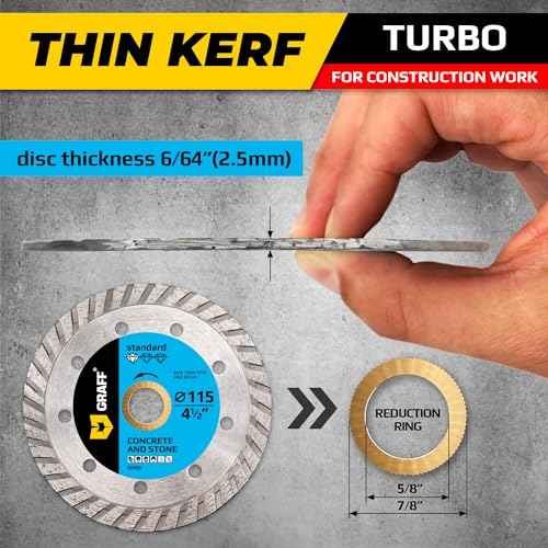 4 1/2 Inch Diamond Cutting Wheel for Angle Grinder Arbor 7/8"-5/8" ? Turbo Diamond Blade for Stone, Marble, Granite, Brick, Masonry, Concrete ? Diamond Saw Blades GRAFF