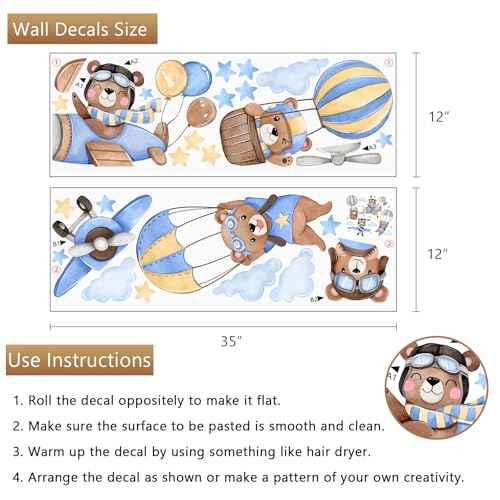 Yovkky Airplane Hot Balloon Bear Wall Decals Stickers, Blue Flying Animal Aircraft Neutral Toddlers Nursery Decor, Cloud Stars Home Decorations Kids Baby Bedroom Playroom Classroom Art