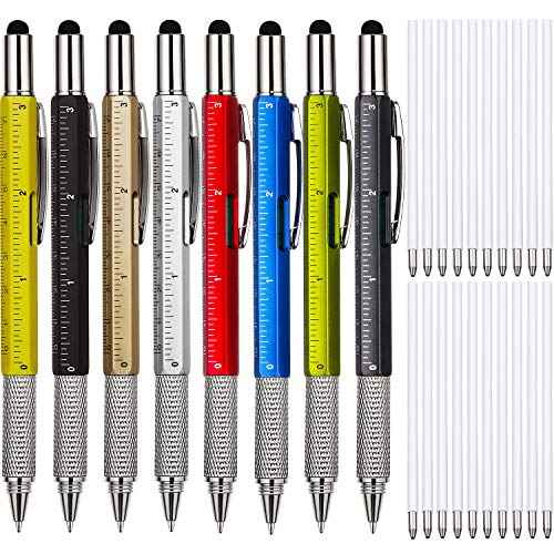 Zhanmai 8 Pcs Gift Pen for Men 6 in 1 Multitool Pen with Ruler Level Refills Screwdriver Stylus for Dad Boyfriend Husband Birthday Christmas Gift(Gold, Black, Silver, Yellow, Red, Green, Blue, Gray)