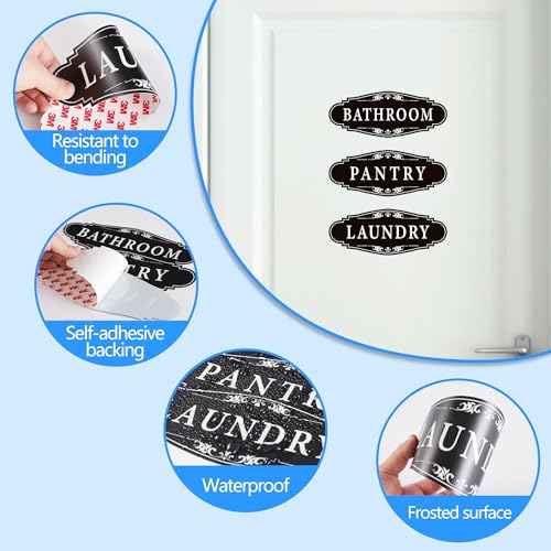 3PCS Bathroom/Laundry Room/Pantry Door Signs Sticker, Self-Adhesive Weatherproof and Fade-Resistant Vinyl Bathroom Door Decal Decor for Home, House, Business, Office, Apartment£¨9" x 3.5"£©