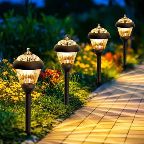SOLPEX Solar Garden Lights Outdoor, Waterproof Solar Powered Pathway Lights - Glass & Metal Design with 2 Lighting Modes for Yard, Walkway, Driveway, Patio (4 Pack,Warm White)