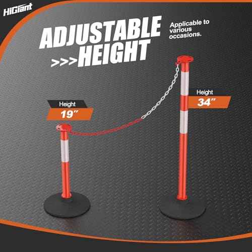 HiGiant 4 Pack 34 Inches Traffic Delineator Posts with Weighted Rubber Base, Portable Orange Safety Posts Cones with Reflective Collars and 15 Ft Plastic Chains for Parking Lot, Construction Work
