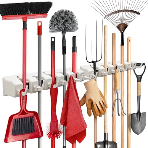 Mop and Broom Holder Wall Mount 2 Pack - Garage Storage Organizer with 5 Slots, 6 Hooks, 7.5lbs Capacity Per Slot - Home, Kitchen, Closet, Laundry Room Organization ? Off-White Broom Hanger