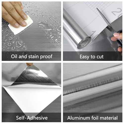 Silver Stainless Steel Contact Paper 15.7"¡¿120" Peel and Stick Metallic Wallpaper for Countertop Fridge Dishwasher Cabinets