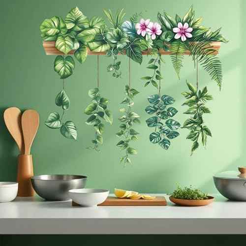 Green Plant Leaves Wall Stickers Decor Hanging Flower Vine Wall Decals Peel and Stick DIY Removable Tropical Nature Wall Art for Living Room Bedroom Kitchen Classroom Office