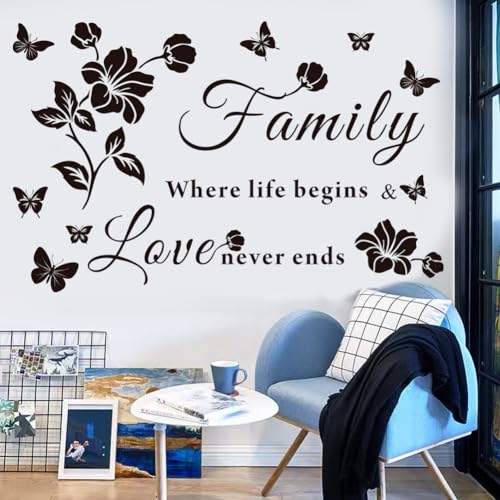 Family Wall Decor Stickers, Black Floral Quote Wall Decal Vinyl Sticker for Living Room, Bedroom, Kitchen, Dining, Office, Glass Surface