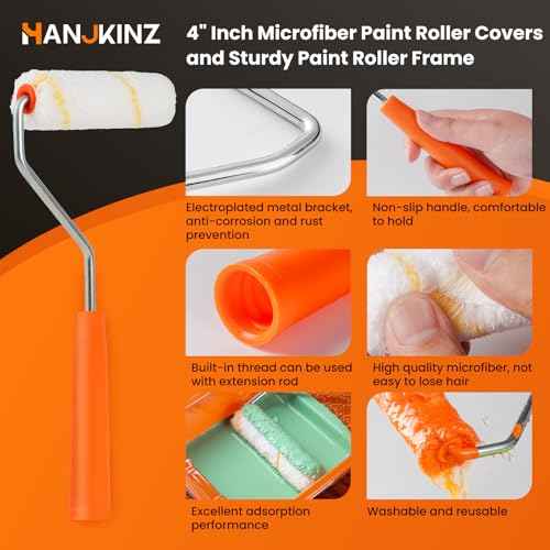 9 Pcs 4 Inch Small Paint Roller Kit with Microfiber Paint Roller Covers, Paint Tray with Liner, Mini Paint Roller for Painting Wall, Door, Cabinet