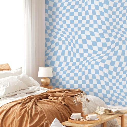 15.75''x118'' Checkered Peel and Stick Wallpaper Aesthetic Removable Contact Paper Preppy Wallpaper Decorative Checkerboard Decor for Cabinets(Light Blue)