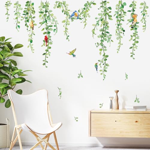 wondever Hanging Vines Wall Stickers Plants Green Leaves Birds Peel and Stick Wall Art Decals for Living Room Bedroom Sofa TV Background Office