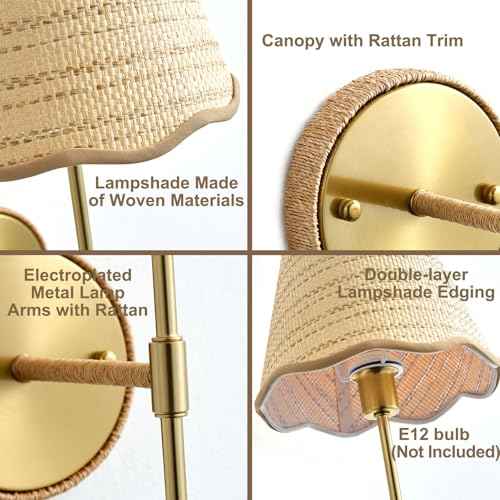Natural Rattan Wall Sconces Set of 2, Boho Hand-Woven Wall Mounted Light Fixture Decor with Rattan Lampshade Wireless Sconces for Home Bedroom Living Room Hallway Kitchen Stairs(Gold)