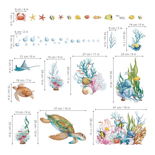 wondever Ocean Grass Seaweed Wall Stickers Under The Sea Turtle Coral Reef Tropical Fish Wall Art Decals for Baby Nursery Kids Bedroom Bathroom