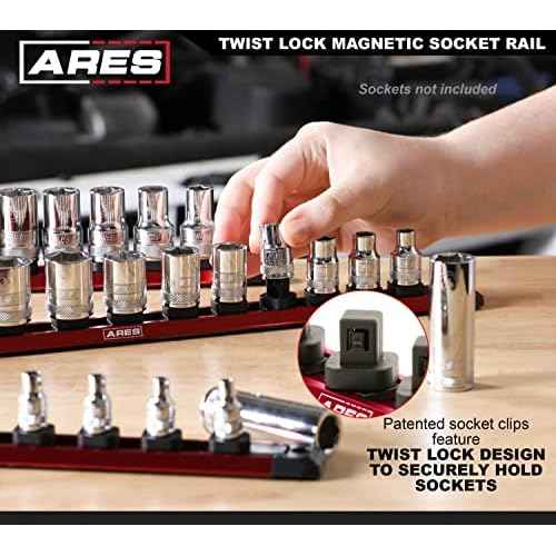 ARES 60169 ? 3/8-Inch Drive 15.5-Inch Red Twist Lock Magnetic Socket Rail - Store up to 12 Metric or SAE Sockets and Keep Your Tool Box Organized ? Magnetic Base for Easy Socket Organization