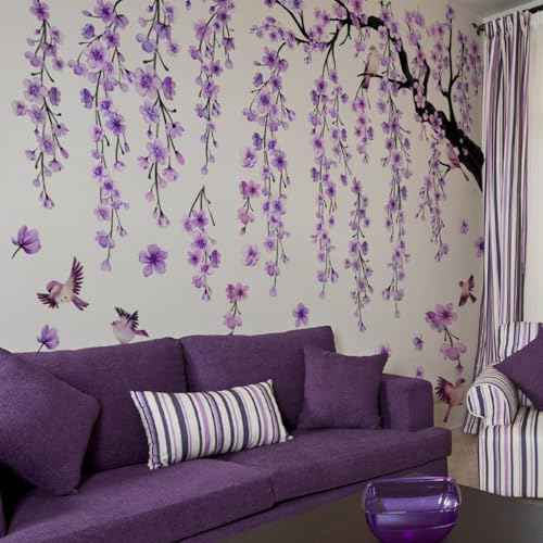 Lilac Wall Decoration Large Cherry Blossom Tree Wall Stickers,4 Sheets Spring Purple Flower Bird Wall Decals Peel and Stick Wall Murals Decor for Living Room Bedroom (Purple, 11.8 * 35.4inch)