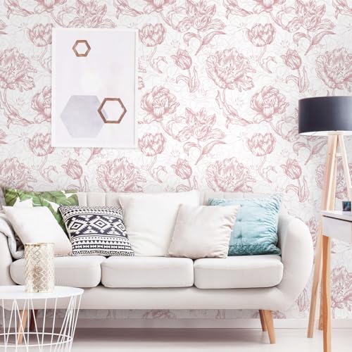Timeet 17.7In ¡¿197In Pink Peel and Stick Wallpaper, Floral Peel and Stick Wallpaper Boho Contact Paper Removable Self Adhesive Bedroom Cabinet Mural Wall Decor Vinyl Roll