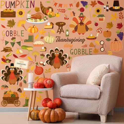 115 Pcs 6 Sheets Thanksgiving Wall Decals Fall Wall Stickers Thanksgiving Maple Leaves Turkey Pumpkin Stickers Fall Window Clings Decoration for Bedroom Living Room Home Decor(Pumpkin)