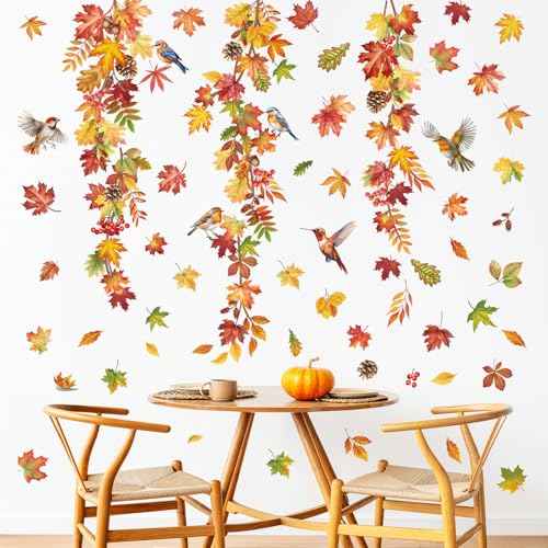 decalmile Autumn Maple Leaves Wall Decals Fall Hanging Vine Birds Wall Stickers Bedroom Living Room Sofa TV Background Wall Decor
