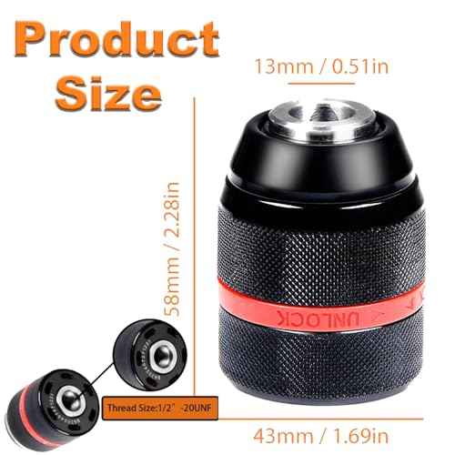 Keyless Drill Chuck for Milwaukee M18, 1/2"-20UNF Mount, 1.5 to 13 mm Clamping Capacity, All-Metal Self-Tightening Chucks, Replacement Power Drill Chucks for Various Purposes