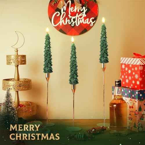 Honoson 6 Sets Flameless Christmas Tree Taper Candles with Holders Remote Control, LED Taper Candles AAA Battery Operated Flickering Candlesticks for Window Fireplace (Gold,Classic Style)
