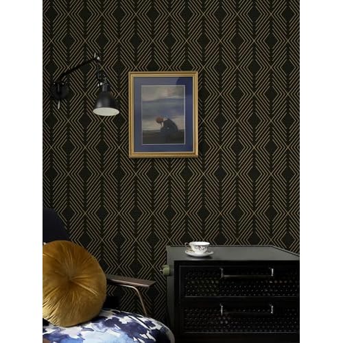 LiKiLiKi Peel and Stick Wallpaper Black and Gold Contact Paper Geometric Modern Wall Paper for Nursery Room Bedroom Bathroom Cabinets and Drawers Vinyl Roll Self-Adhesive Waterproof 17.3¡± x 78.7¡±