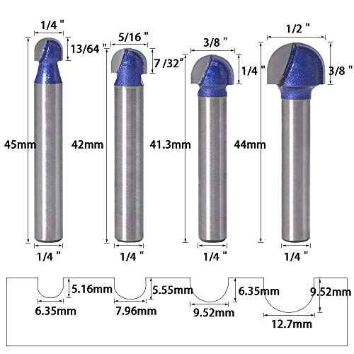Wolfride 4pcs Core Box Router Bit 1/4 Inch Shank Round Nose Cove Box Router Bits