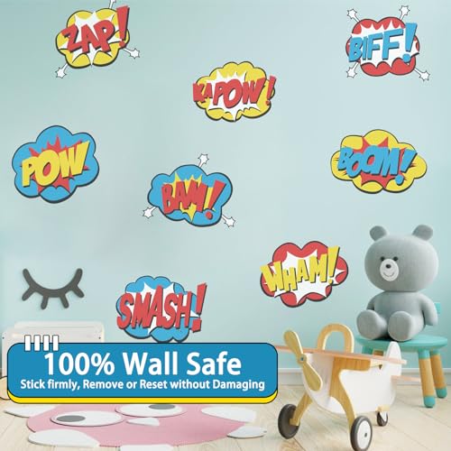 Superhero Wall Stickers Peel and Stick Hero Sign Wall Decals 8 Pcs Vinyl Removable Super Hero Action Sign Wall Stickers Comic Art Decor for Bedroom Nursery Playroom Kids Room Decorations
