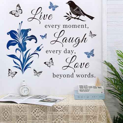 Motivational Wall Decal Quote Live Every Moment Laugh Every Day Love Beyond Words Wall Decals Family Inspirational Wall Stickers for Bedroom Living Room Window Decor Home Decor.(Blue)