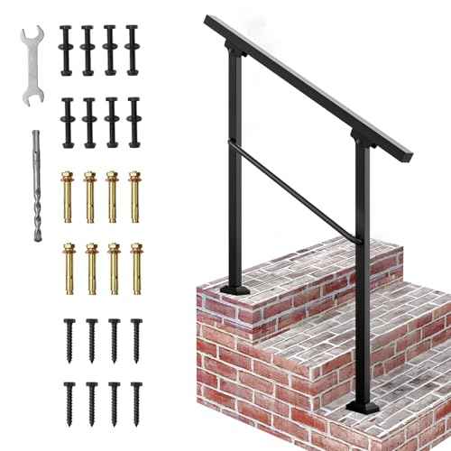 Signstek Handrails for Outdoor Steps, 3 Step Hand Rail Fit 2 or 3 Steps Outdoor Stair Railing, Metal Porch Railing, Deck Handrail, Black Wrought Iron Hand Rails kit for Concrete, Porch Steps, Upgrade